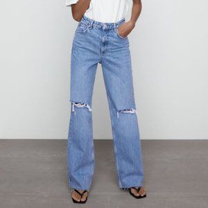 ZARA WIDE LEG FULL LENGTH RIPPED JEANS - INDIGO - REF. 6045/025
